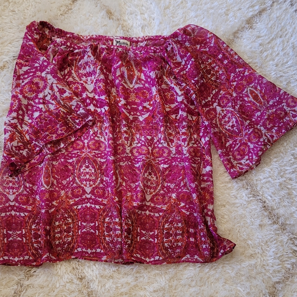 Show Me Your Mumu Pink Boho Off-Shoulder Blouse Medium | Sheer Floral Peasant To